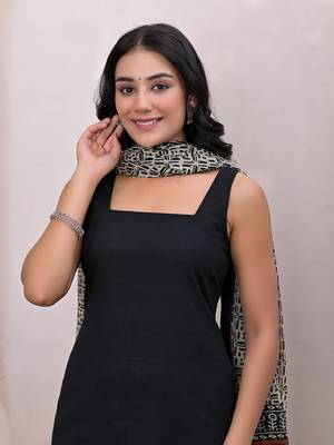  black & beige pure cotton straight kurta dupatta set 5