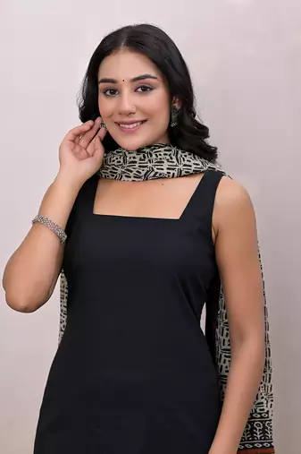  black & beige pure cotton straight kurta dupatta set