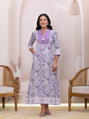  purple resham embroidery cotton a-liine dress 1