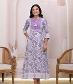  purple resham embroidery cotton a-liine dress