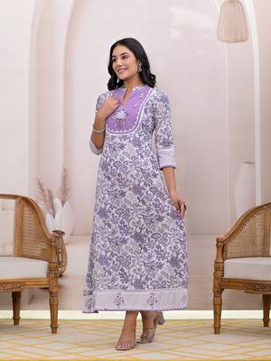  purple resham embroidery cotton a-liine dress 2
