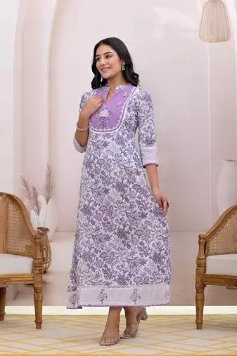  purple resham embroidery cotton a-liine dress