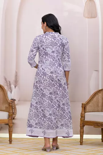  purple resham embroidery cotton a-liine dress