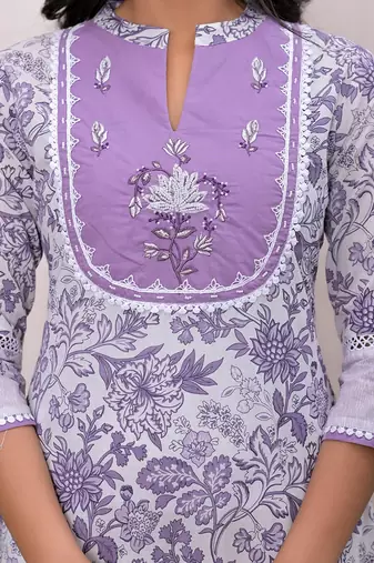  purple resham embroidery cotton a-liine dress