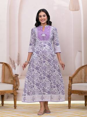  purple resham embroidery cotton a-liine dress 5