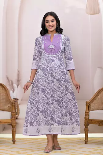  purple resham embroidery cotton a-liine dress