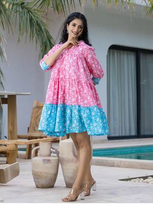  pink and sky blue pure cotton colour blocking and gathers dress 1