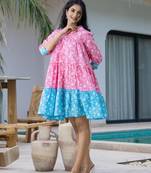  pink and sky blue pure cotton colour blocking and gathers dress