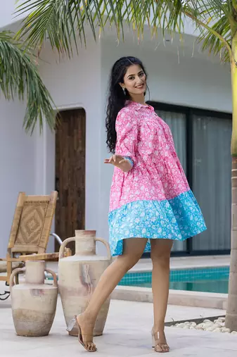  pink and sky blue pure cotton colour blocking and gathers dress