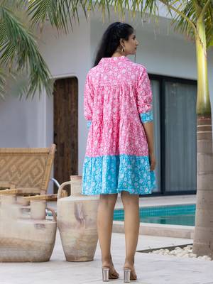  pink and sky blue pure cotton colour blocking and gathers dress 3