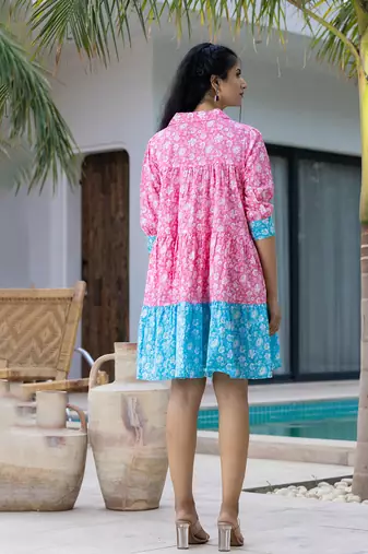  pink and sky blue pure cotton colour blocking and gathers dress