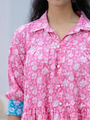  pink and sky blue pure cotton colour blocking and gathers dress 4