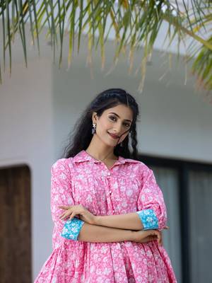  pink and sky blue pure cotton colour blocking and gathers dress 5