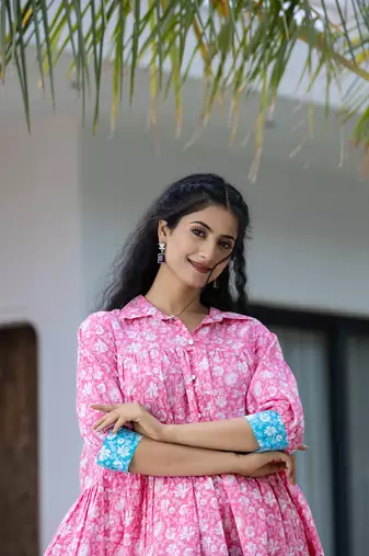  pink and sky blue pure cotton colour blocking and gathers dress