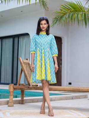  sky blue and lime green pure cotton colour blocking dress 1