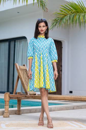  sky blue and lime green pure cotton colour blocking dress