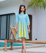  sky blue and lime green pure cotton colour blocking dress