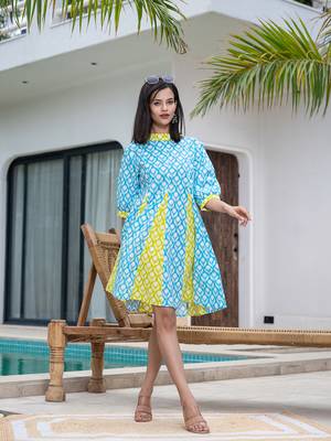  sky blue and lime green pure cotton colour blocking dress 2