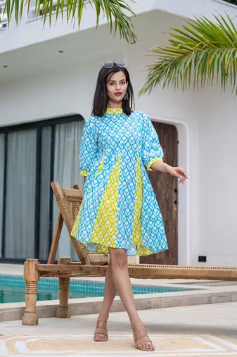  sky blue and lime green pure cotton colour blocking dress