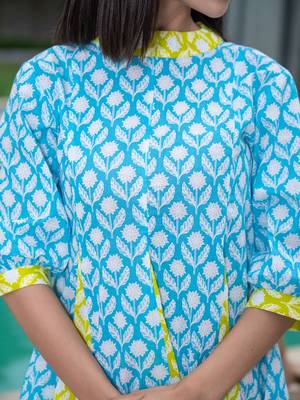  sky blue and lime green pure cotton colour blocking dress 3