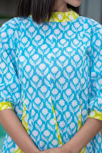  sky blue and lime green pure cotton colour blocking dress
