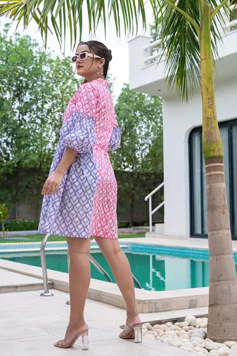  pink pure cotton colour blocking and gathers a-line dress