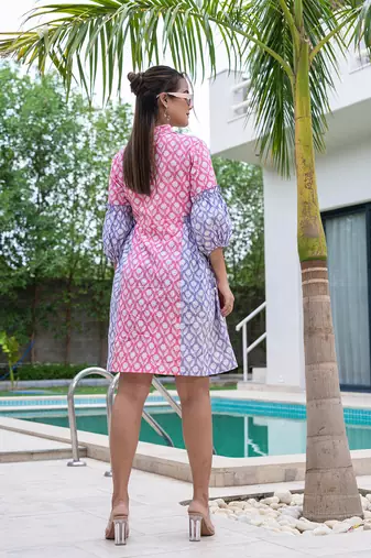  pink pure cotton colour blocking and gathers a-line dress