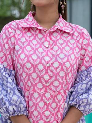  pink pure cotton colour blocking and gathers a-line dress 4