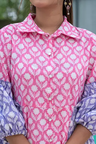  pink pure cotton colour blocking and gathers a-line dress