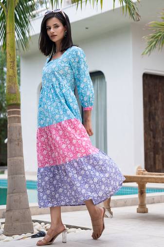  cotton colour blocking tiered dress