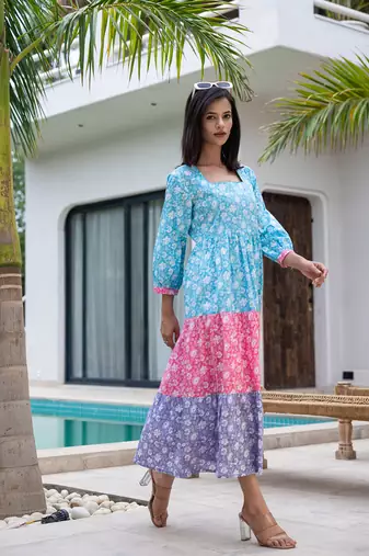  cotton colour blocking tiered dress