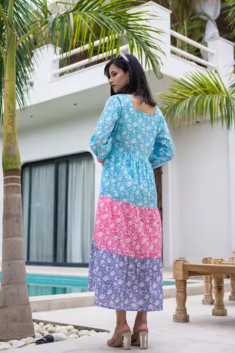  cotton colour blocking tiered dress
