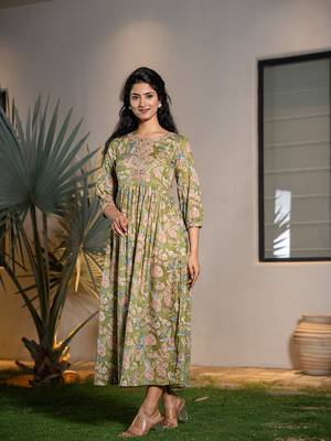  green pure cotton sequins work,dori embroidery and gathers dress 1
