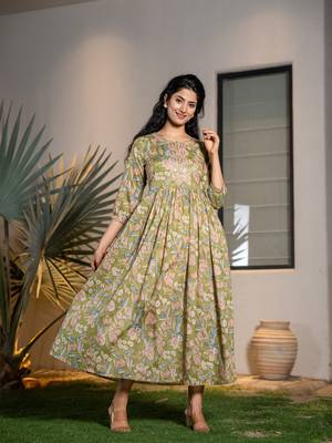  green pure cotton sequins work,dori embroidery and gathers dress 2