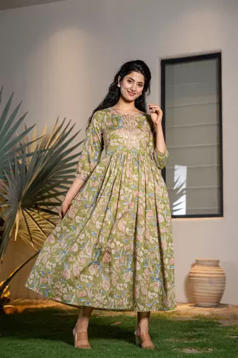  green pure cotton sequins work,dori embroidery and gathers dress