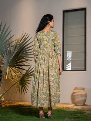  green pure cotton sequins work,dori embroidery and gathers dress 3