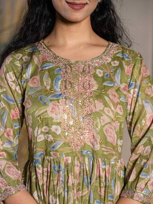  green pure cotton sequins work,dori embroidery and gathers dress 4