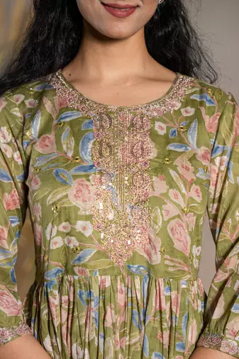  green pure cotton sequins work,dori embroidery and gathers dress