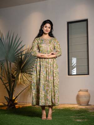  green pure cotton sequins work,dori embroidery and gathers dress 5