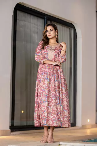  pink pure cotton sequins work,dori embroidery and gathers dress