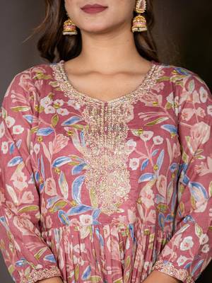  pink pure cotton sequins work,dori embroidery and gathers dress 4