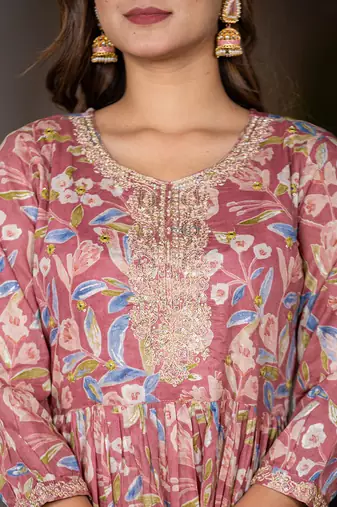  pink pure cotton sequins work,dori embroidery and gathers dress