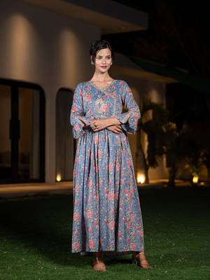  blue pure cotton beads and stones gathers angrakha dress 1