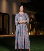  blue pure cotton beads and stones gathers angrakha dress