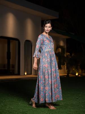  blue pure cotton beads and stones gathers angrakha dress 2