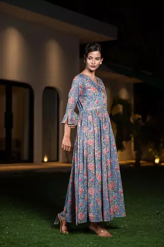  blue pure cotton beads and stones gathers angrakha dress