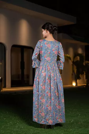  blue pure cotton beads and stones gathers angrakha dress