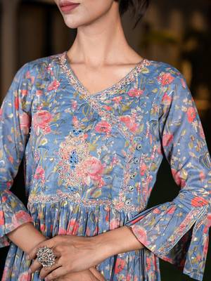  blue pure cotton beads and stones gathers angrakha dress 4