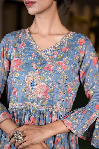  blue pure cotton beads and stones gathers angrakha dress