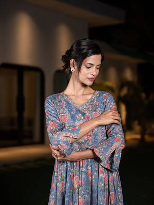  blue pure cotton beads and stones gathers angrakha dress 5